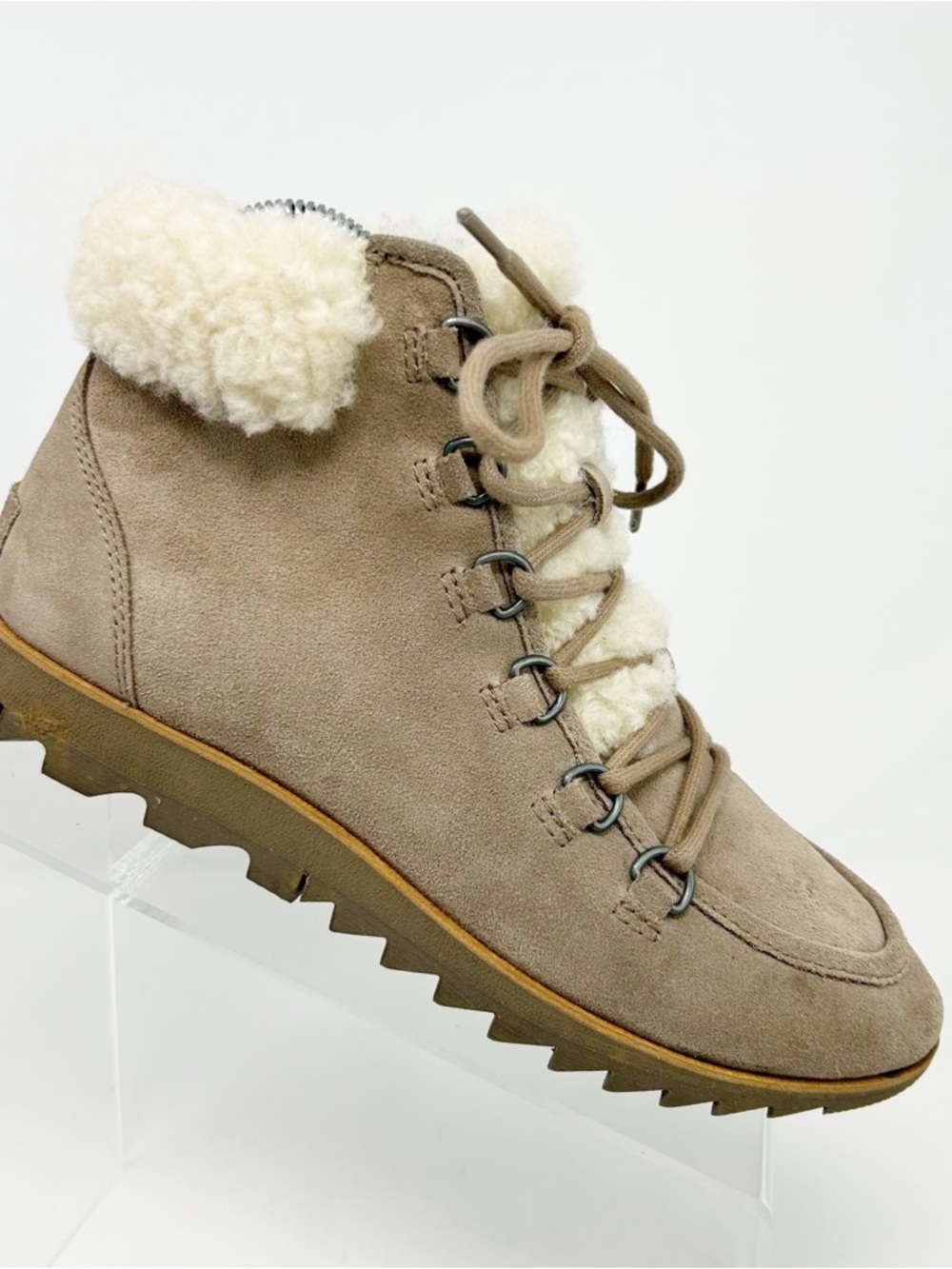Sorel Harlow Lace Cozy Bootie Womens Taupe Brown Sherpa Lined Ankle Boots Size 7
